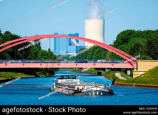 Castrop-Rauxel, North Rhine-Westphalia, Germany - Paloma barge sails on the Rhine-Herne Canal under the Wartburgstrasse bridge