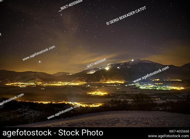 Tosa d'Alp mountain and la Cerdanya valley in a snowy winter night(Catalonia, Spain, Pyrenees)
