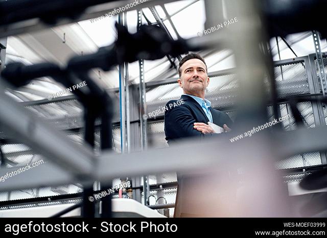 Smiling confident businessman standing with arms crossed in greenhouse