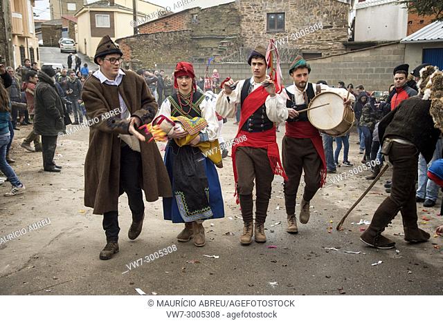 Los Carochos (the Devils) celebrations. The musicians. Mascarada de Invierno, the New Year pagan traditional festivities at Riofrio de Aliste, Zamora