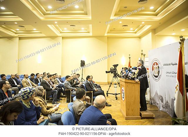 22 April 2019, Egypt, Cairo: Mahmoud Helmy el-Sherif (R), Deputy Chairman and spokesman of the Egyptian National Election Authority (NEA) speaks during a press...