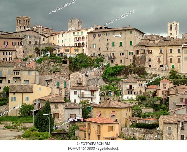 Umbria, Italy, Narni, Europe, Scenic view of the medieval walled hill town of Narni