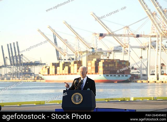 United States President Joe Biden makes remarks at the Port of Baltimore detailing how the Bipartisan Infrastructure Deal works to upgrade US ports and...