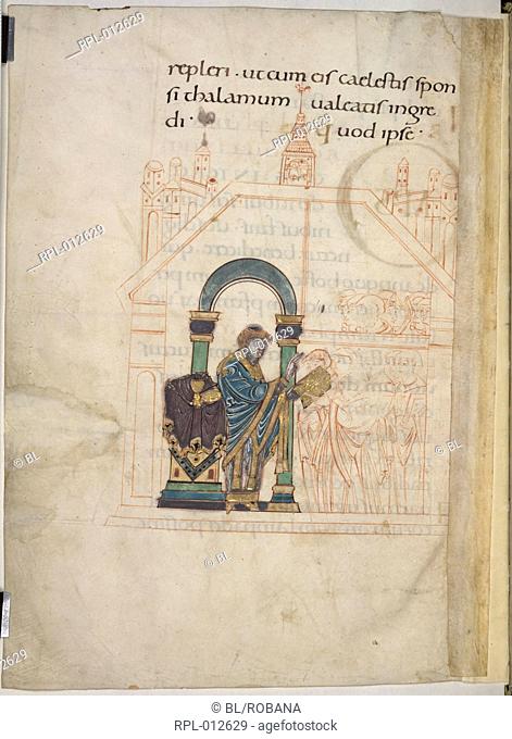 Bishop blessing a congregation, Whole folio Preface to a blessing for a dedication of a church. A bishop is using a benedictional to pronounce a blessing on the...