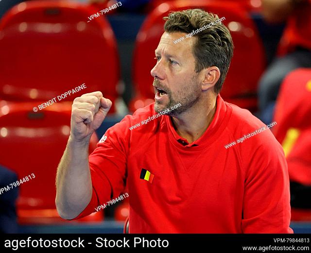 Belgian team captain Wim Fissette reacts during a tennis match between Belgian Minnen and Hungarian Bondar, the third rubber in the meeting between Belgium and...