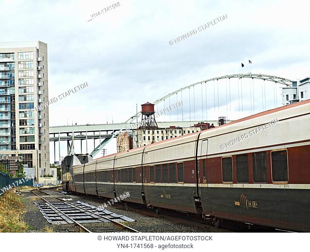 AMTRAK Cascades train uses equipment built by Spanish train manufacturer Talgo The train shown here in the Portland, Oregon rail yard offers schedules between...