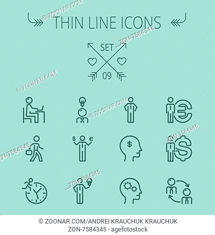 Business thin line icon set for web and mobile. Set includes-head, Euro, US dollar, clock, head, laptop, bulb, businessman icons
