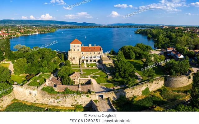 Aerial view of the Tata Castle, in Hungary at the Öreg Tó (Old Lake). Occupied by Sigismund of Luxembourg (r. 1433â. “1437) and Mátyás Hunyadi (r