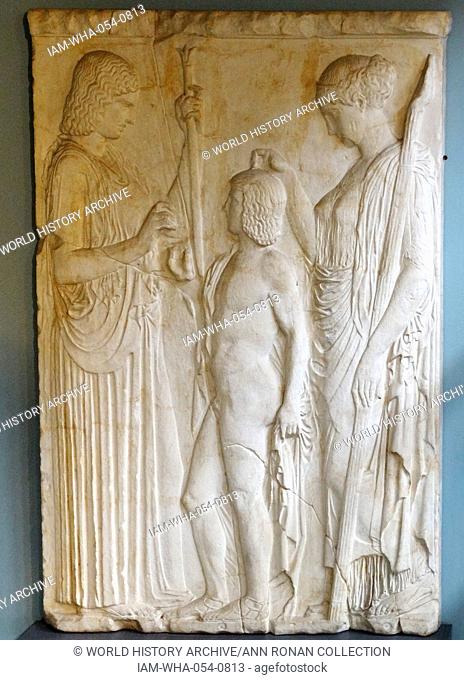 Triptolemus receiving wheat sheaves from Demeter and blessings from Persephone; 5th-century BC relief; National Archaeological Museum of Athens