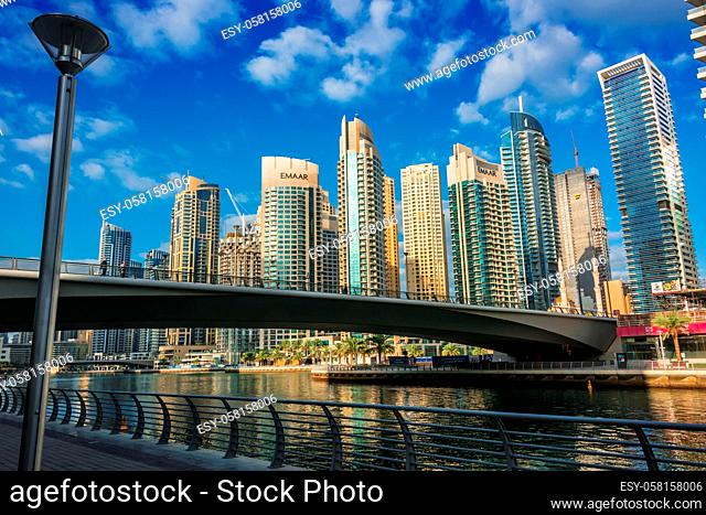 DUBAI, UNITED ARAB EMIRATES - FEB 5, 2019: Modern residential architecture of Dubai Marina, United Arab Emirates