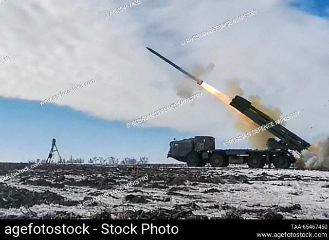DECEMBER 3, 2023: A Tornado-S multiple rocket launcher crew of a guards rocket artillery brigade of the Russian Western Military District performs a combat task...