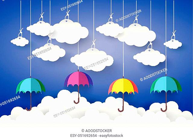 Full color Umbrella with Cloud in Blue sky Paper art Style. vector Illusatration