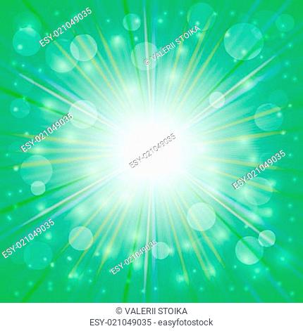 Green Background. Sun Burst on Green Background. Ray Background with Stars