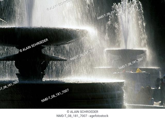 Close-up of water fountains, Trafalgar Square, London, England