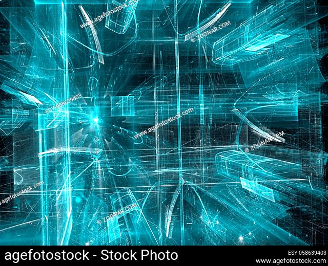 Glass tunnel or funnel - abstract computer-generated image. Fractal art: hi-tech, sci-fi, future technology or virtual reality concept background for web design
