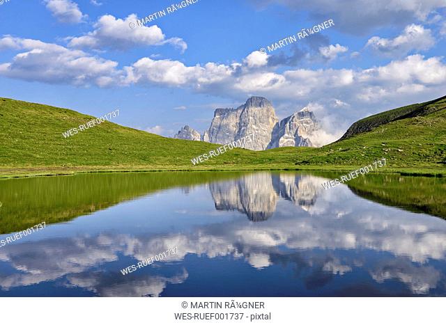 Italy, Province of Belluno, Dolomites, Selva di Cadore, Monte Pelmo reflecting in Lago delle Baste