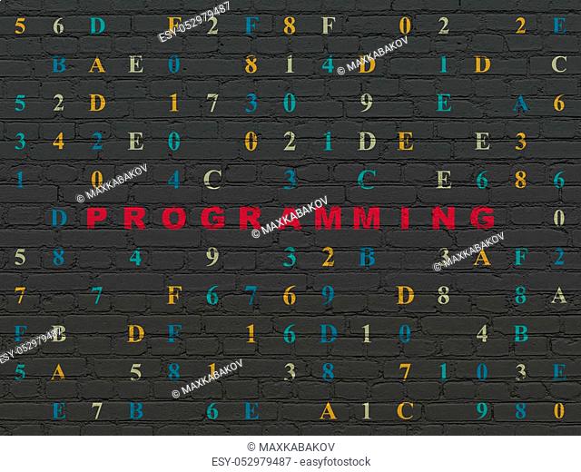 Software concept: Painted red text Programming on Black Brick wall background with Hexadecimal Code