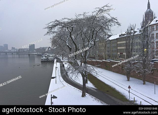 Frankfurt, Snowy day city view by the river Rhein, Germany, Europe