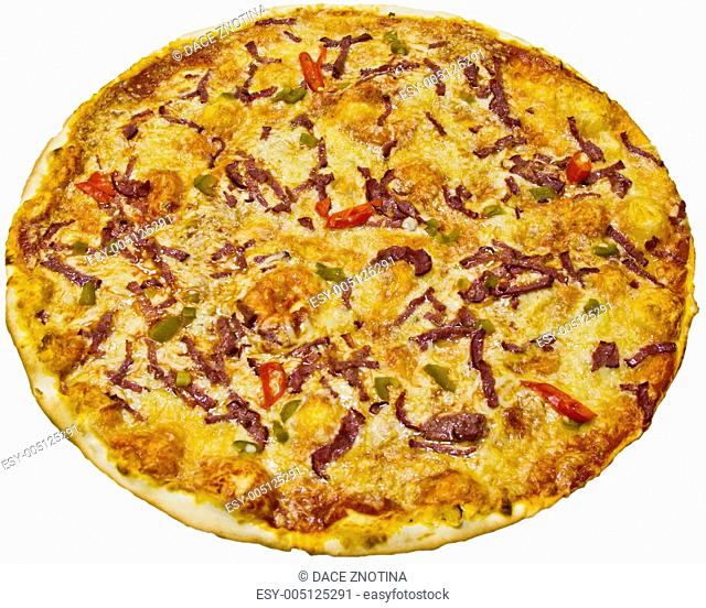 Sausage pizza isolated on white background