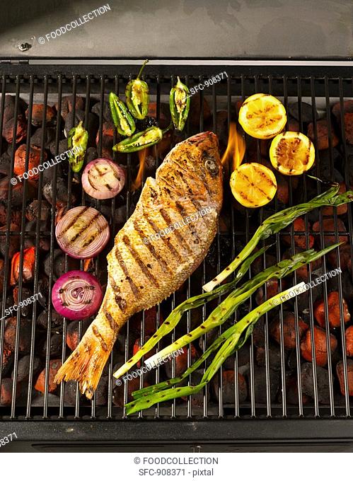 A Whole Snapper on the Grill with Lemons, Onions and Jalapenos
