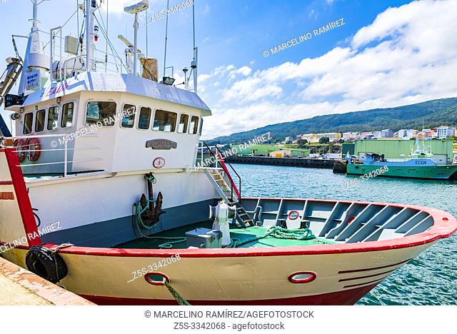 Fishing boat docked at the port of Burela. Lugo, Galicia, Spain, Europe