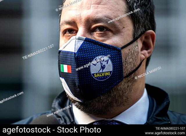 Matteo Salvini leader of Lega party speaks to members of the media outside Palazzo Lombardia (Lombardy Palace) in Milan , ITALY-08-02-2021