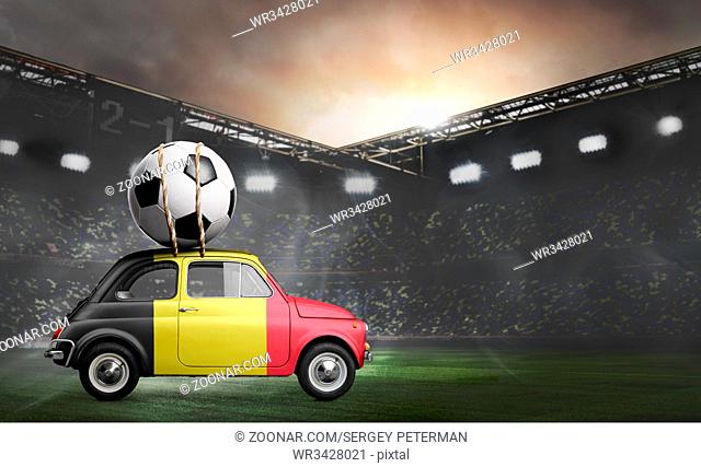 Belgium flag on car delivering soccer or football ball at stadium