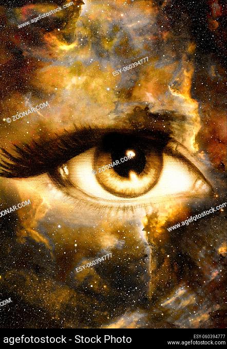 Woman Eye and cosmic space with stars. abstract color background, eye contact