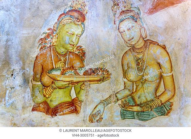 Frescoes of Sigiriya Lion Rock Fortress, Ancient City of Sigiriya, North Central Province, Sri Lanka, Asia