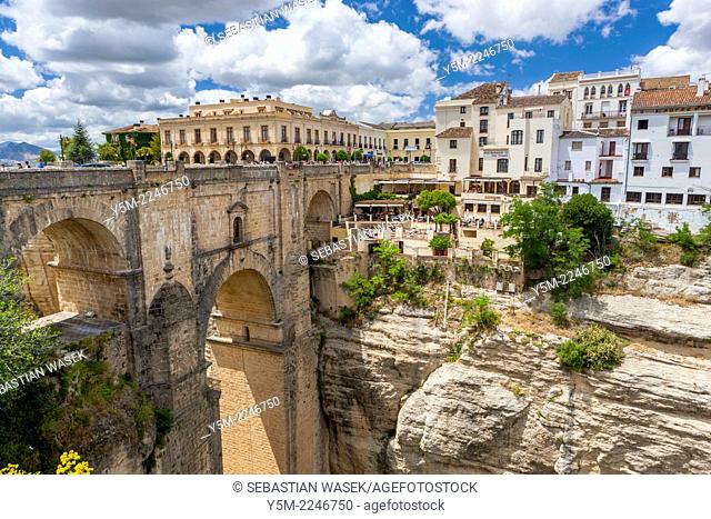 The Puente Nuevo bridge over Guadalevín River in El Tajo gorge, Ronda, Malaga province, Andalusia, Spain, Europe