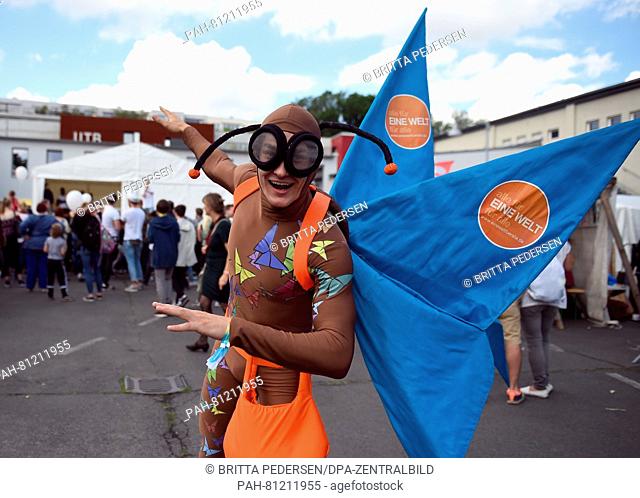 The mascot 'Viela' posing at the 'eine Welt-Festival' (lit. 'One World-Festival') in Berlin, Germany, 14 June 2016. Teenagers between 12 and 25 years...