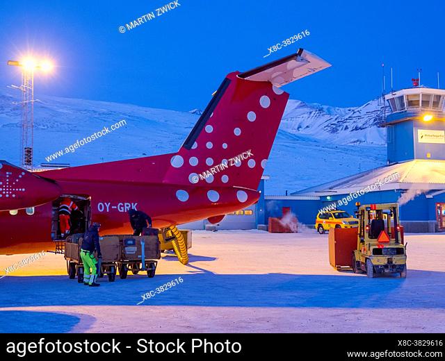 Air Greenland Dash-7. Qaarsut airport near Uummannaq during winter in northern Westgreenland beyond the arctic circle. North America, Greenland