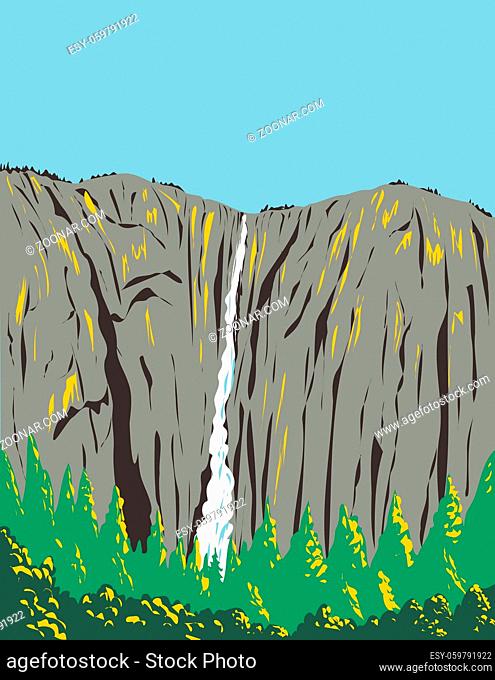 WPA poster art of Ribbon Falls flowing off a cliff on the west side of El Capitan within Yosemite National Park, California USA done in works project...