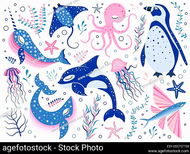 Fairytale northern ocean animals set with narwhal, stingray, jellyfish, starfish, octopus, penguin, whale, killer whale and flying fish