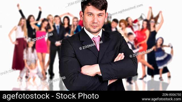 Big crowd of people and young woman foreground. Isolated over white background