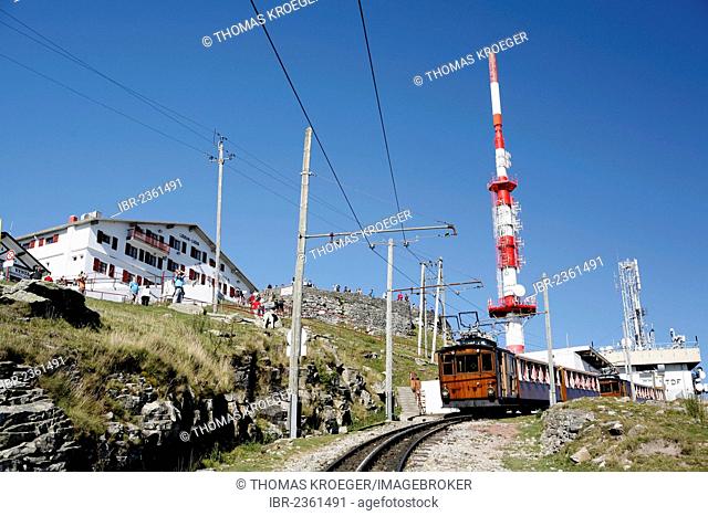Historic funicular from 1924 up to the summit of La Rhune Mountain, 905m, radio mast, Basque Country, Pyrenees, Aquitaine region
