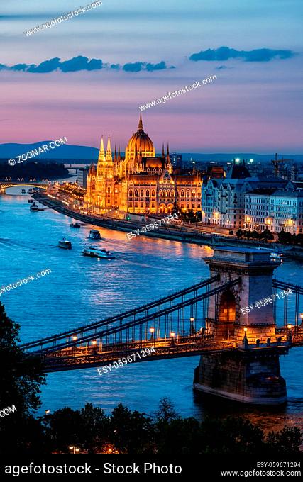 Budapest city at dusk in Hungary, Chain Bridge and Hungarian Parliament Building at Danube river