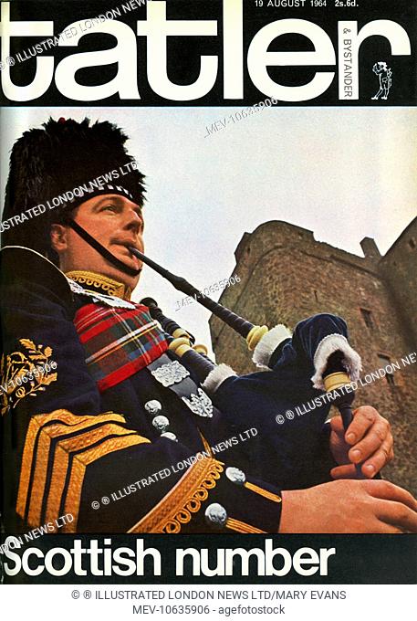 Front cover of The Tatler's Scottish Number featuring Pipe Major Iain Mcleod of the Edinburgh City Police Pipe Band in full dress uniform with the tartan of the...