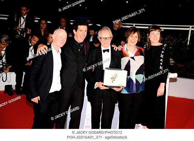 Paul Laverty, Robbie Ryan, Ken Loach, Rebecca O'Brien, receiving the Palme d'Or for the film 'I, Daniel Blake' Closing ceremony 69th Cannes Film Festival May 22