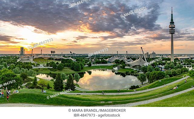Olympic grounds at sunset, park with Olympic lake and television tower, Olympic tower, Theatron, Olympic park, Munich, Upper Bavaria, Bavaria, Germany
