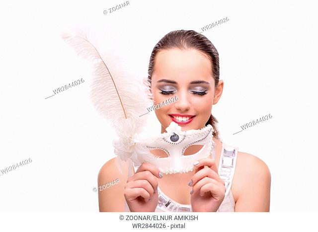 Young woman with carnival mask isolated on white