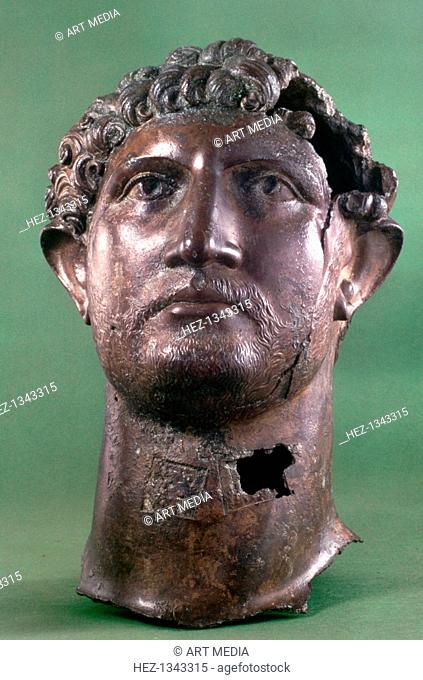 Bronze head of Hadrien, 2nd century AD. Hadrian was Roman Emperor from 117 to 138. Although he did not enjoy a great deal of popularity at Rome