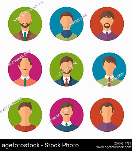 Illustration set colorful male faces circle icons, trendy flat style -