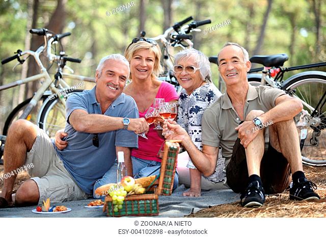 Two older couples enjoying a picnic in the woods