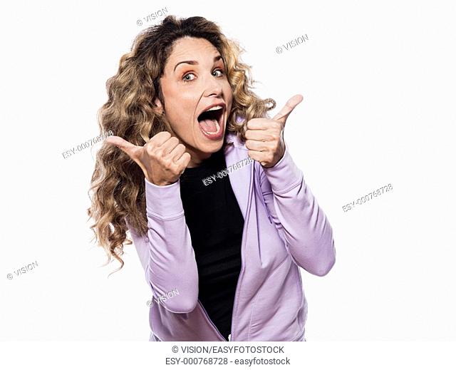 caucasian woman thumb up portrait isolated studio on white background