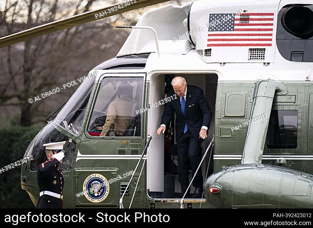 United States President Joe Biden arrives aboard Marine One on the South Lawn of the White House in Washington, DC, US, on Monday, January 23, 2023