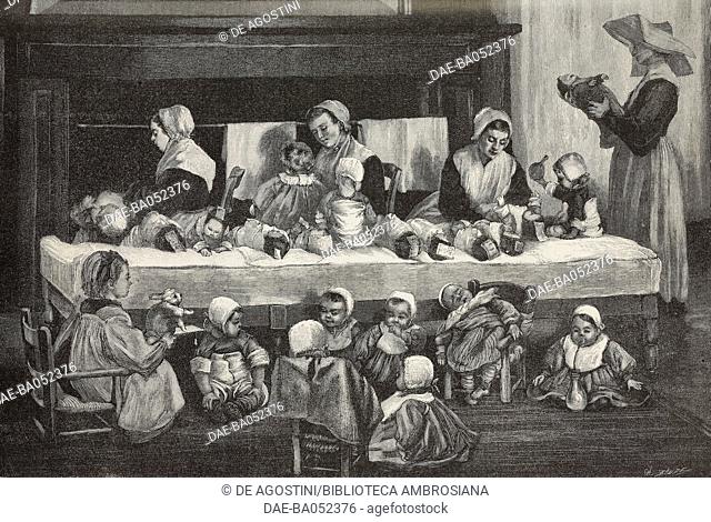 Changing diapers in a French nursery, engraving by Charles Baude, from L'Illustration, Journal Universel, No 2039, Volume LXXIX, March 25, 1882