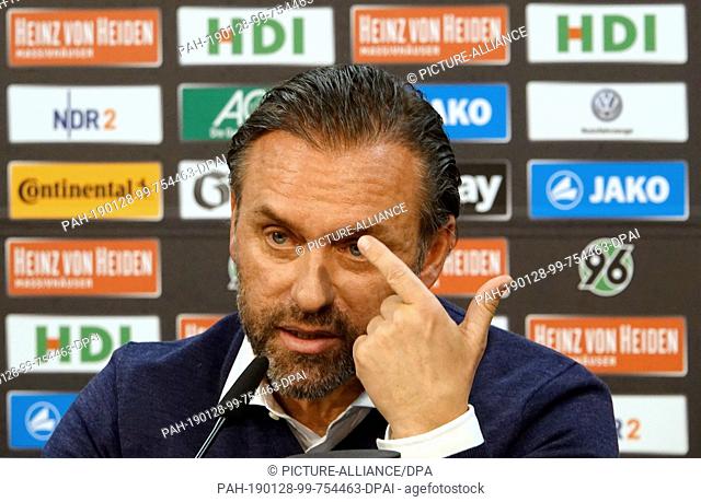 28 January 2019, Lower Saxony, Hannover: Thomas Doll, new coach at Hannover 96 and ex-national player, speaks during a press conference at his presentation at...