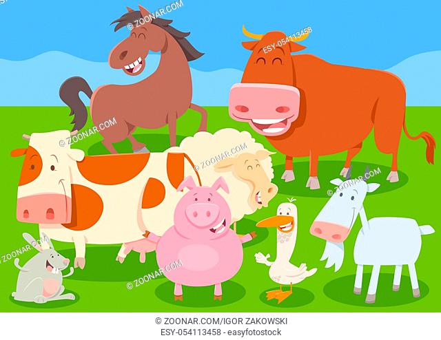 Cartoon Illustration of Farm Animal or Livestock Characters Group