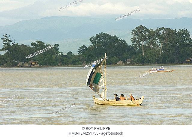 Myanmar Burma, Mandalay Division, sampan dugout on Irrawaddy River